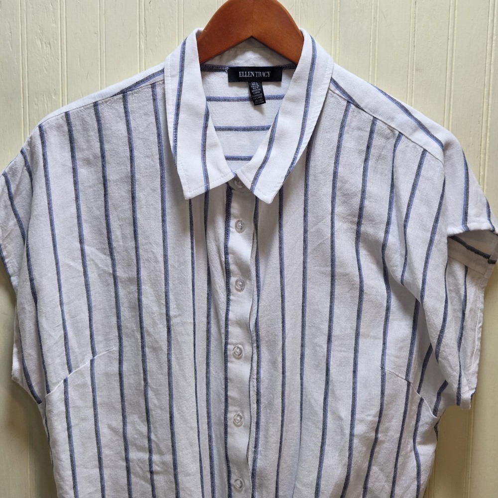 Ellen Tracy Button Up Shirt Womens Large White Blue‎ Stripe Tie Front Linen